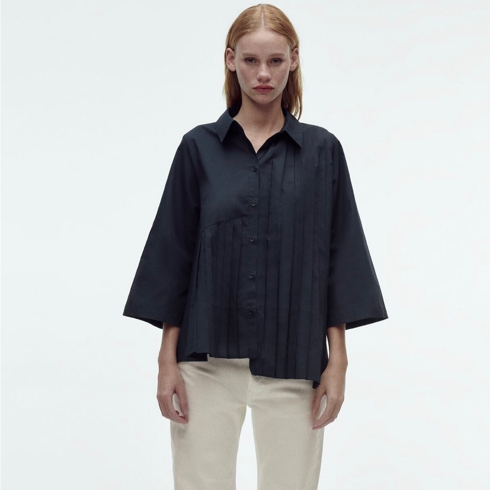 Navy Asymmetric Box Pleat Shirt